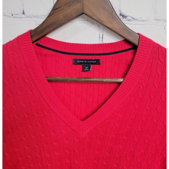 Tommy Hilfiger Women's Red Solid V Neck Cable Knit Sweater Sz S Preppy Classic - Picture 2 of 6